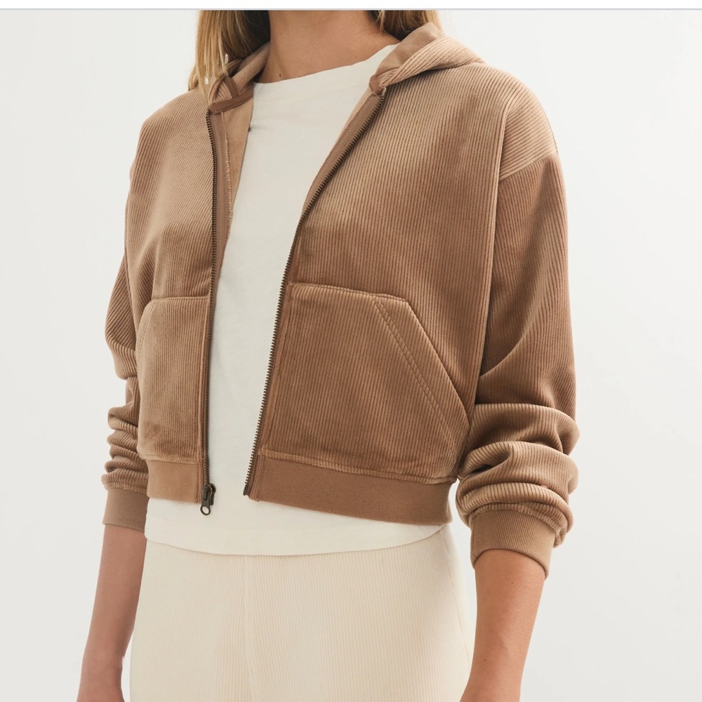 Marine Layer Women's Corduroy Velour Cropped Zip Up Hoodie Toffee Pockets Sz S